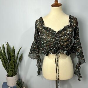 Lulumari sheer floral waterfall sleeve cropped top size small
